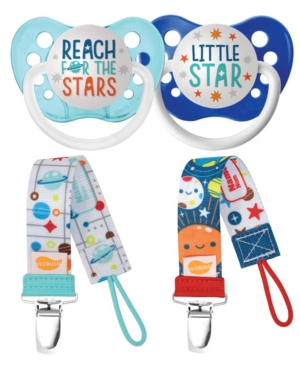 Ulubulu Space Collection Reach for The Stars and Little Star Pacifiers with Mid Century Star and Solar System Pacifier Clip Bundle