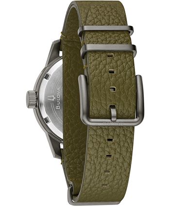 Bulova - Men's Automatic Military Green Leather Strap Watch 38mm