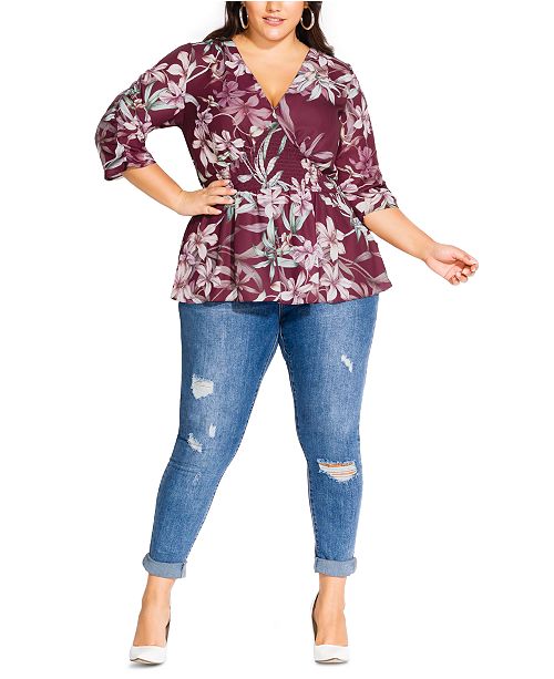 City Chic Trendy Plus Size Winter Lily Print Shirred Top Reviews