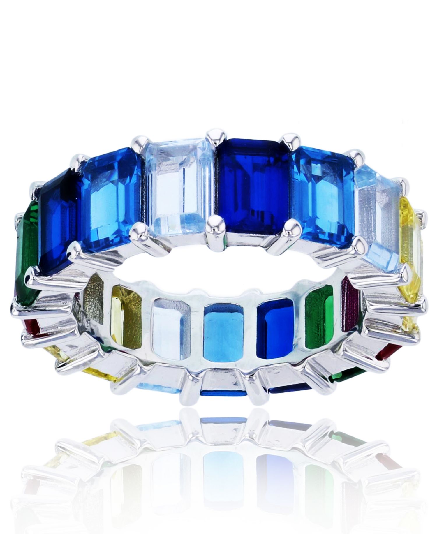 Rainbow Colored Emerald Cut Cubic Zirconia Eternity Band in Rhodium Plated Sterling Silver
