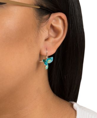 Multi Pave Crystal Hummingbird Wire Drop Earrings set in Sterling Silver