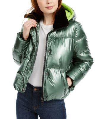 metallic hooded puffer jacket