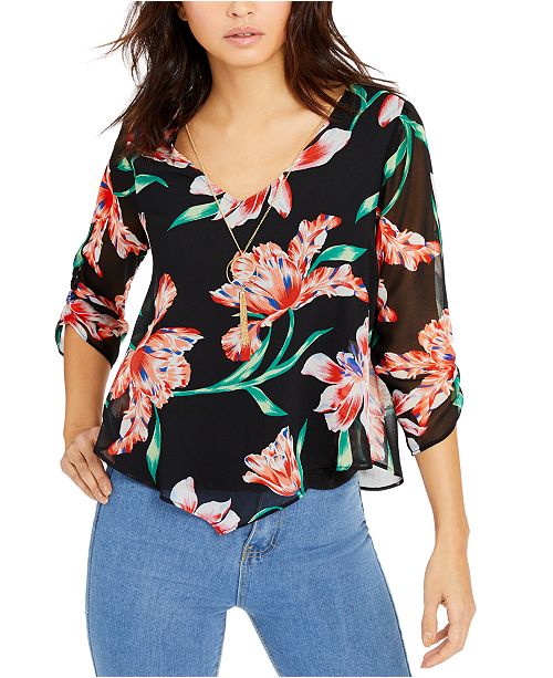 Thalia Sodi Printed Layered Ruched-Sleeve Necklace Top, Created for ...