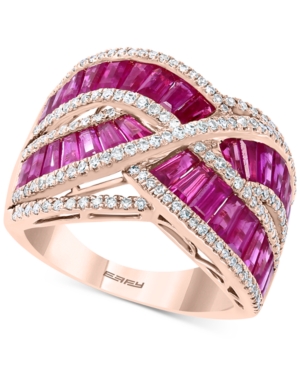 image of Effy Certified Ruby (4-1/8 ct. t.w.) & Diamond (1/2 ct. t.w.) Baguette Crossover Ring in 14k Rose Gold