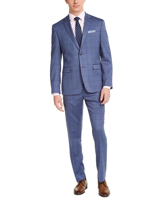Perry Ellis Men's Slim-Fit Stretch Light Blue Windowpane Plaid Suit ...