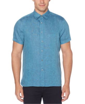 PERRY ELLIS short sleeve cotton x linen shirt, men's size L linen navy blue type Vintage Second Hand