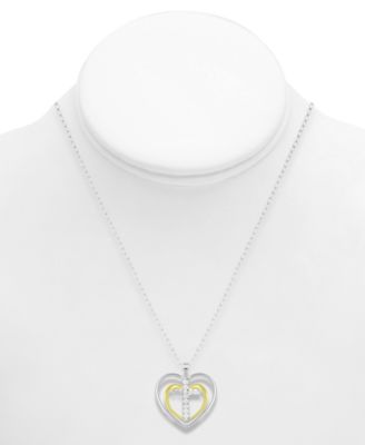 Diamond Double Heart Cross Pendant Necklace (1/10 ct. t.w.) in Sterling Silver & 14k Gold-plated Sterling Silver 