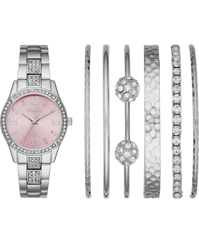 Folio Women s Silver Tone Bracelet Watch 32mm Gift Set Macy s