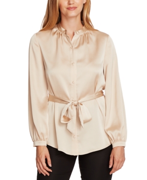 VINCE CAMUTO CHARMEUSE BUTTON-DOWN BELTED TUNIC TOP
