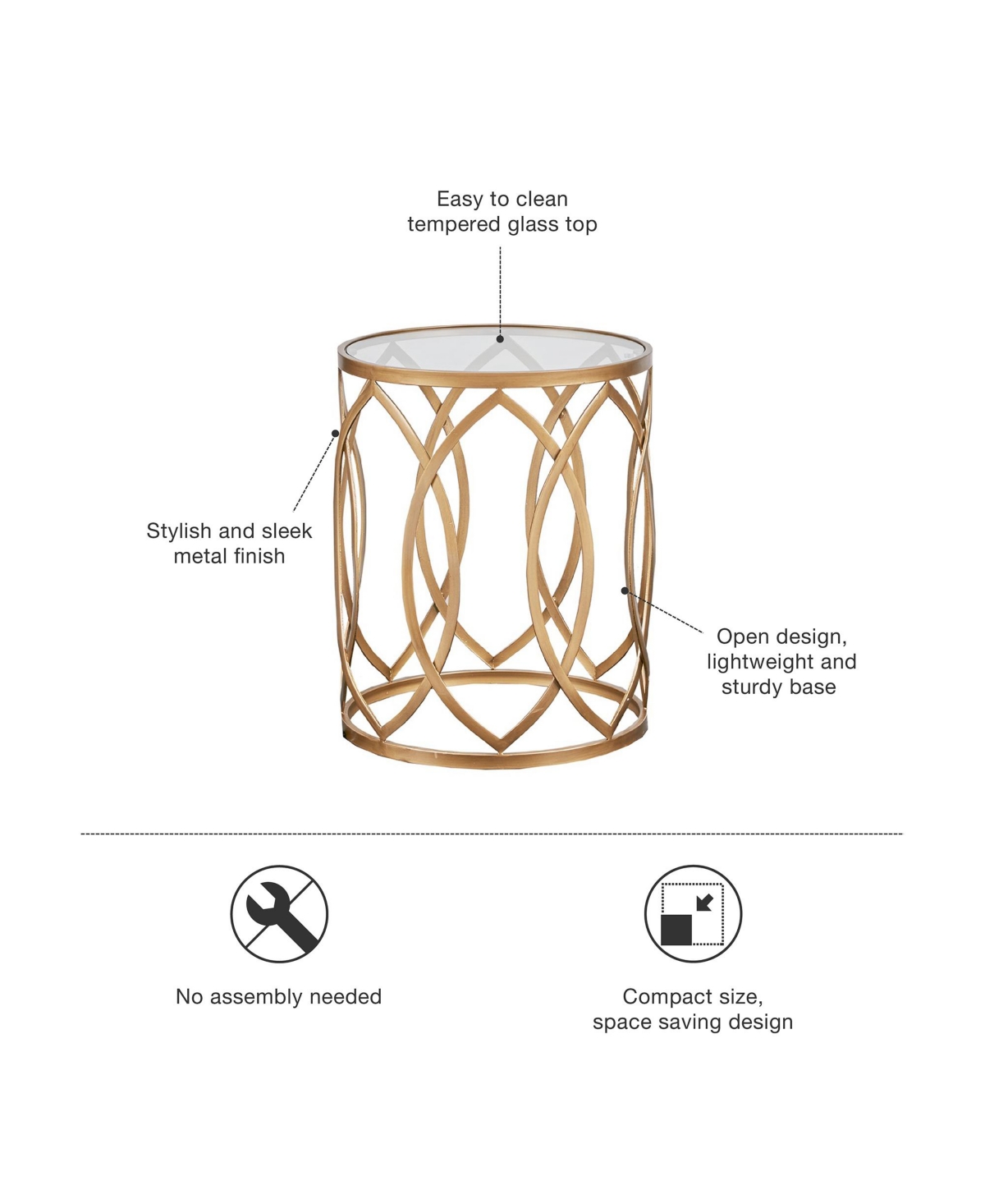 Madison Park Arlo Round Glam Luxury Metal Eyelet Accent Table with Tempered Glass Top