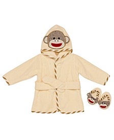 Infant Girls and Boys Sock Monkey Hooded Bath Robe Slipper Set of 3