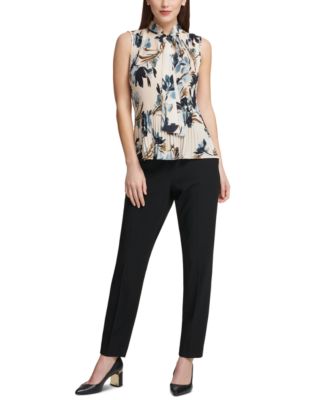 DKNY Pleated Floral-Print Sleeveless Blouse