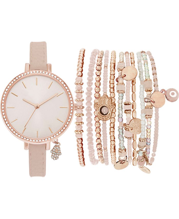 Jessica Carlyle Women's Blush Faux Leather Strap Watch 34mm Gift Set