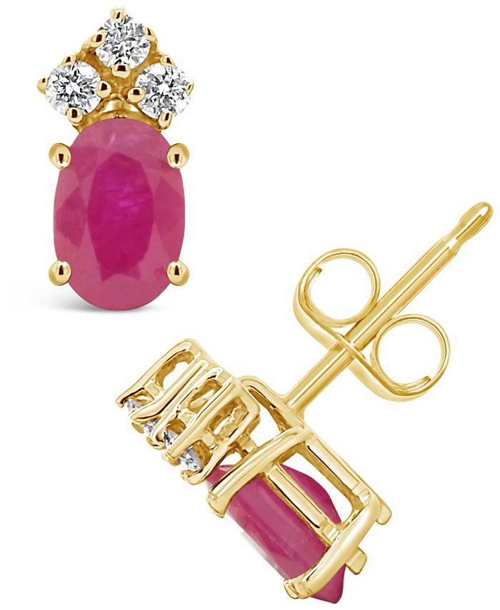 Macy's - Ruby (1-1/5 ct. t.w.) and Diamond (1/8 ct. t.w.) Stud Earrings in 14k Yellow Gold