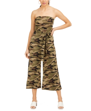 Almost Famous Juniors' Strapless Camo-print Jumpsuit In Olive Camo