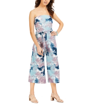 Almost Famous Juniors' Strapless Tie-dyed Jumpsuit In Teal/navy/purple