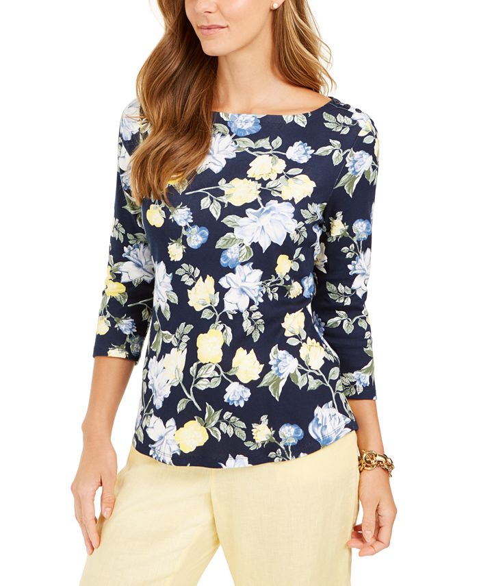 Charter Club Floral-Print Boat-Neck Pima Cotton Top, Created for