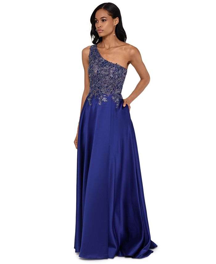 XSCAPE Petite One-Shoulder Embroidered Gown - Macy's