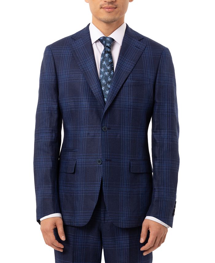 Tallia Men's Slim-Fit Blue Plaid Linen Suit Separate Jacket & Reviews ...
