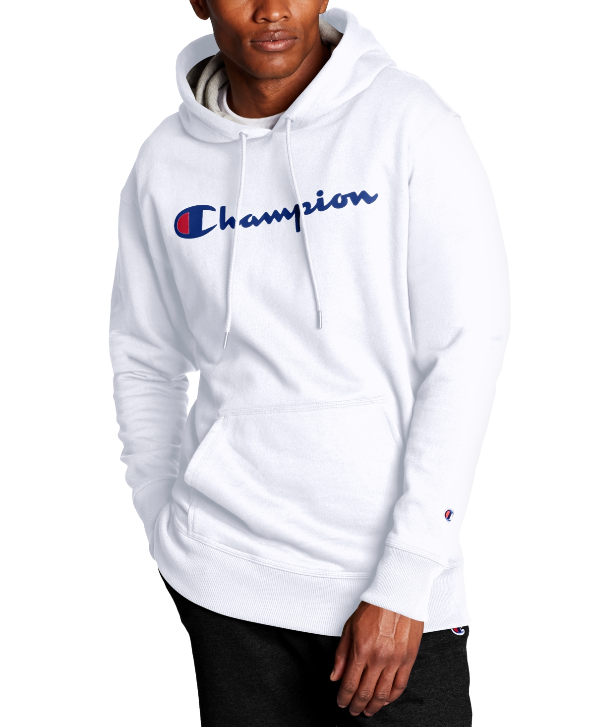 Champion Men s Script Logo Powerblend Hoodie White Smart Closet