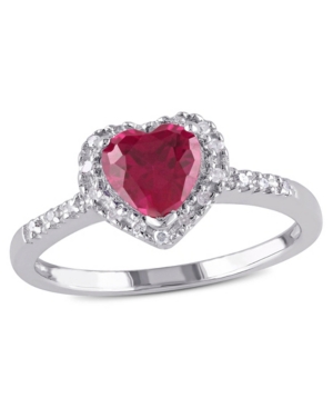 image of Created Ruby (1 ct. t.w.) and Diamond (1/10 ct. t.w.) Heart Halo Ring in Sterling Silver