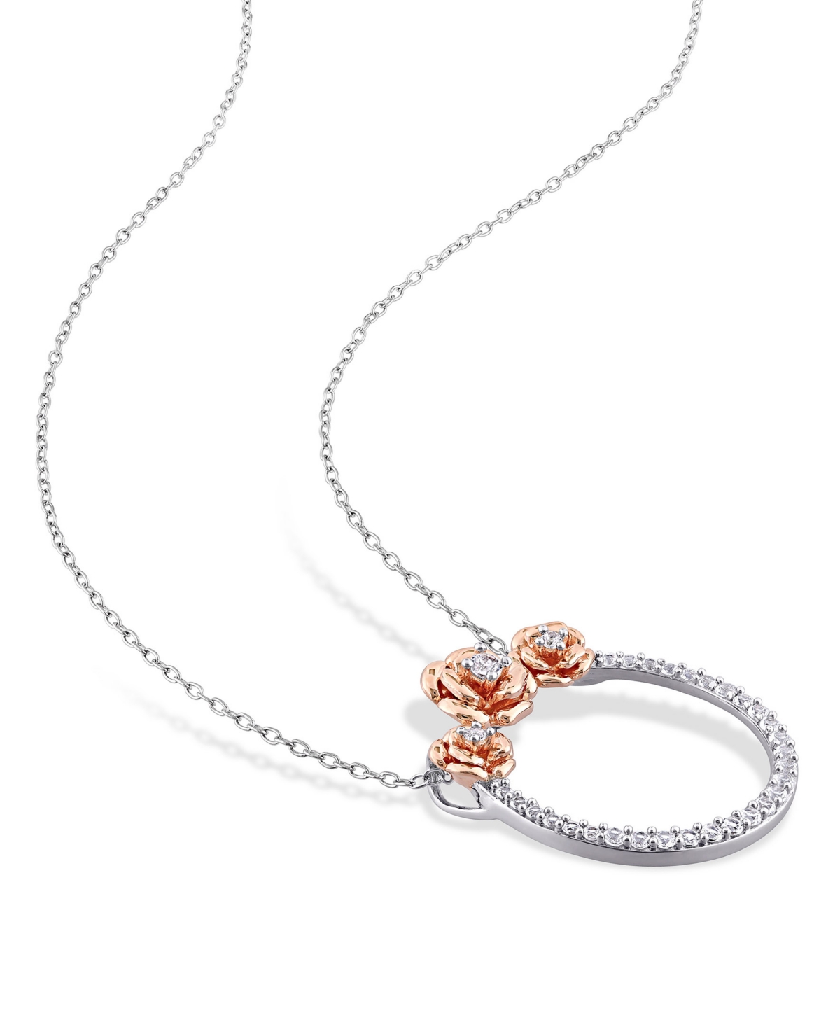 Shop Macy's Lab Grown White Sapphire (3/5 Ct. T.w.) Rose Floral Open Circle Necklace In Two-tone Sterling Silver