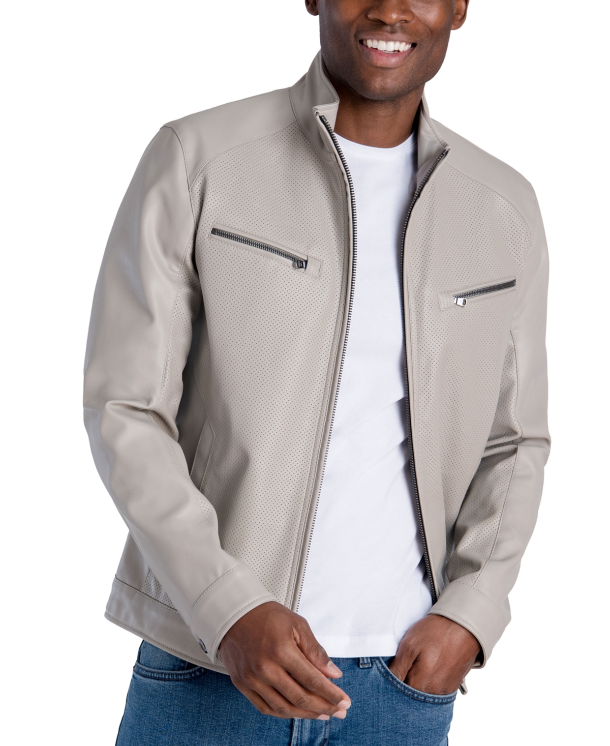 Men's Perforated Faux Leather Hipster Jacket, Created for Macy's - Bone