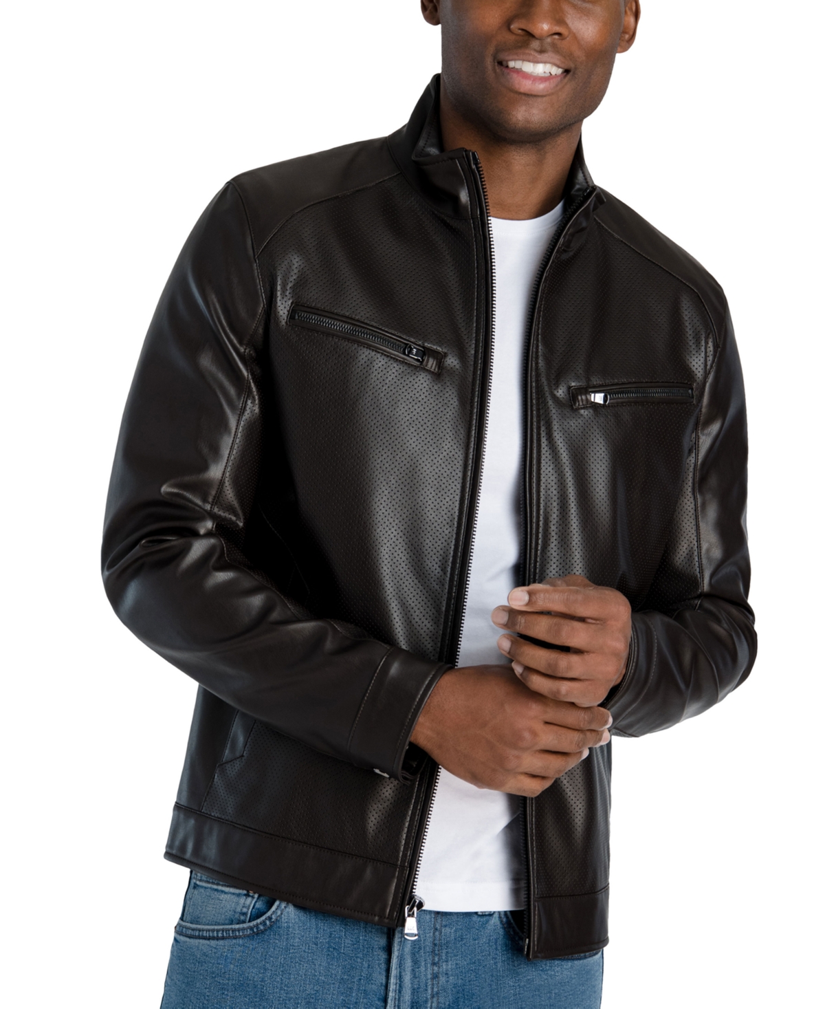 Shop Michael Kors Men's Perforated Faux Leather Hipster Jacket, Created For Macy's In Espresso