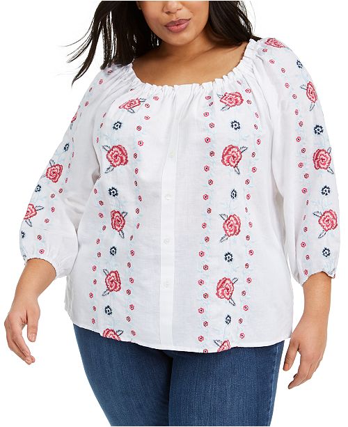 Charter Club Plus Size Embroidered Linen Cotton Top Created
