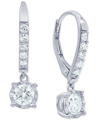 Macy's Diamond Drop Leverback Earrings (1 ct. t.w.) in 14k White Gold ...