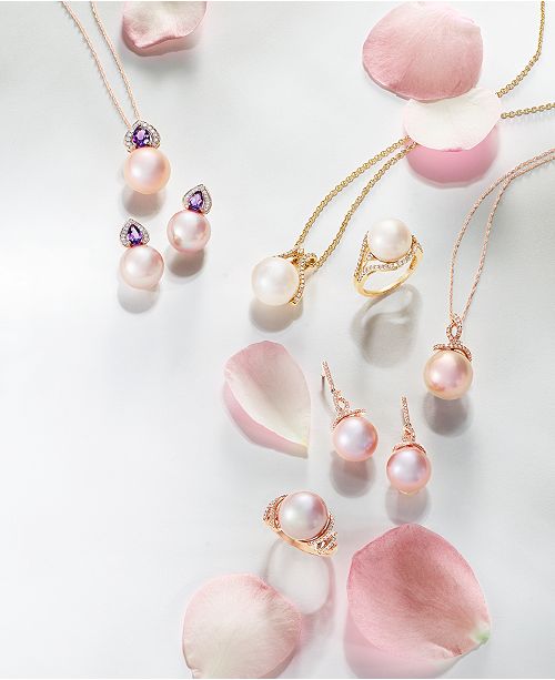 Honora Pink Cultured Ming Pearl (12mm) & Diamond (1/8 ct. t.w.) Drop ...