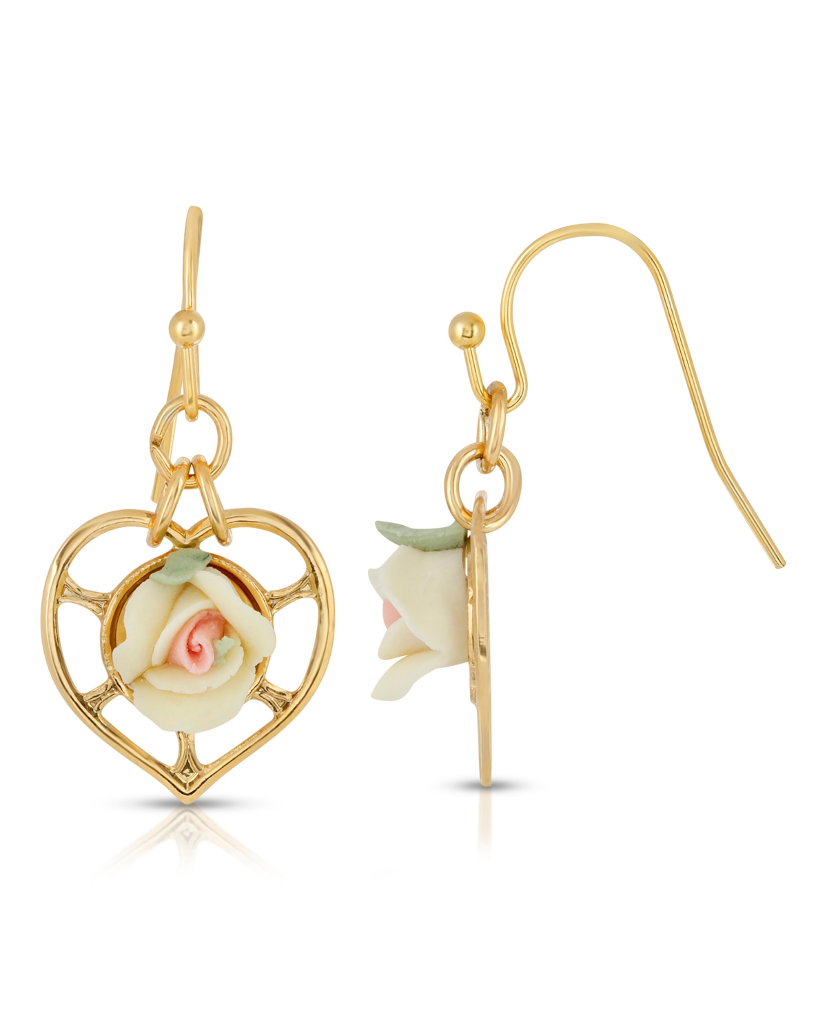 2028 14k Gold-dipped Heart With Porcelain Rose Earrings In Ivory