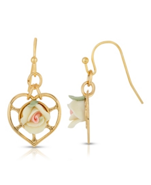 image of 2028 14K Gold-Dipped Heart with Porcelain Rose Earrings