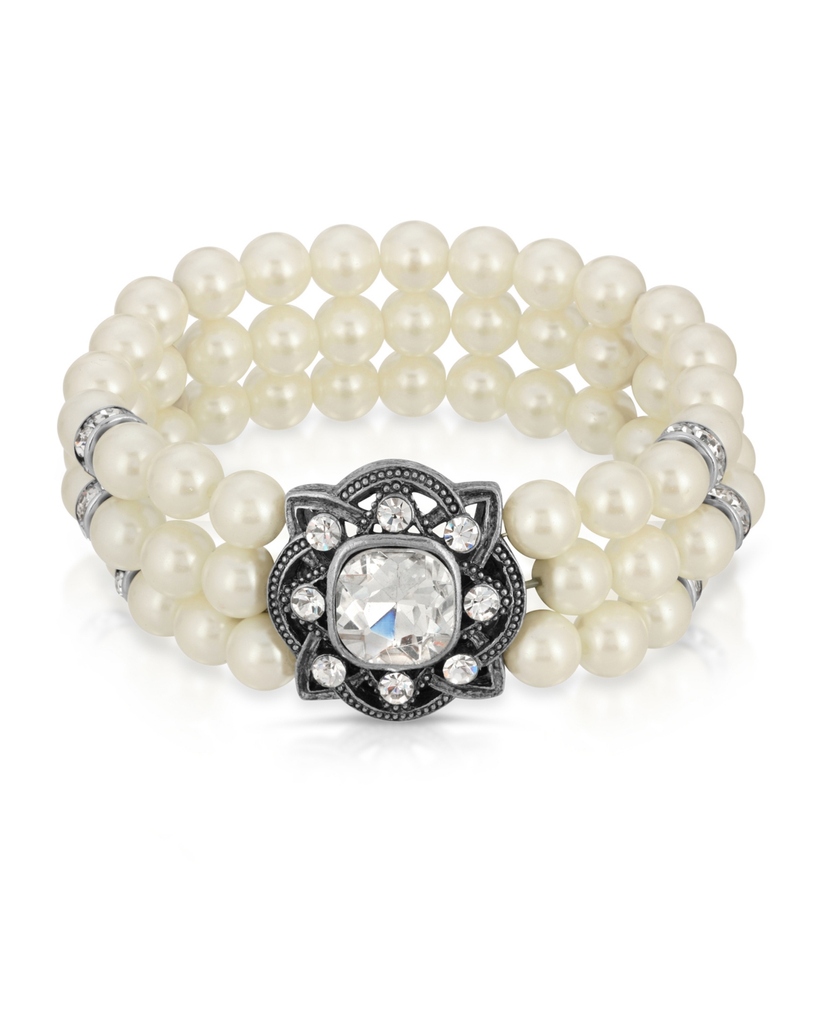 2028 Silver-tonetone 3-row Imitation Pearl And Crystal Strectch Bracelet In White