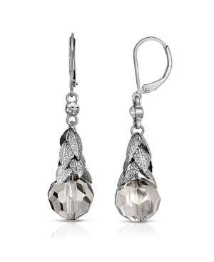 image of 2028 Silver-Tone Clear Crystal Beaded Leaf Drop Earrings
