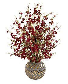 30in. Cherry Blossom Artificial Arrangement in Stoneware Vase with Gold Trimming
