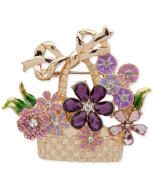 image of Anne Klein Gold-Tone Multicolor Crystal Flower Basket Pin
