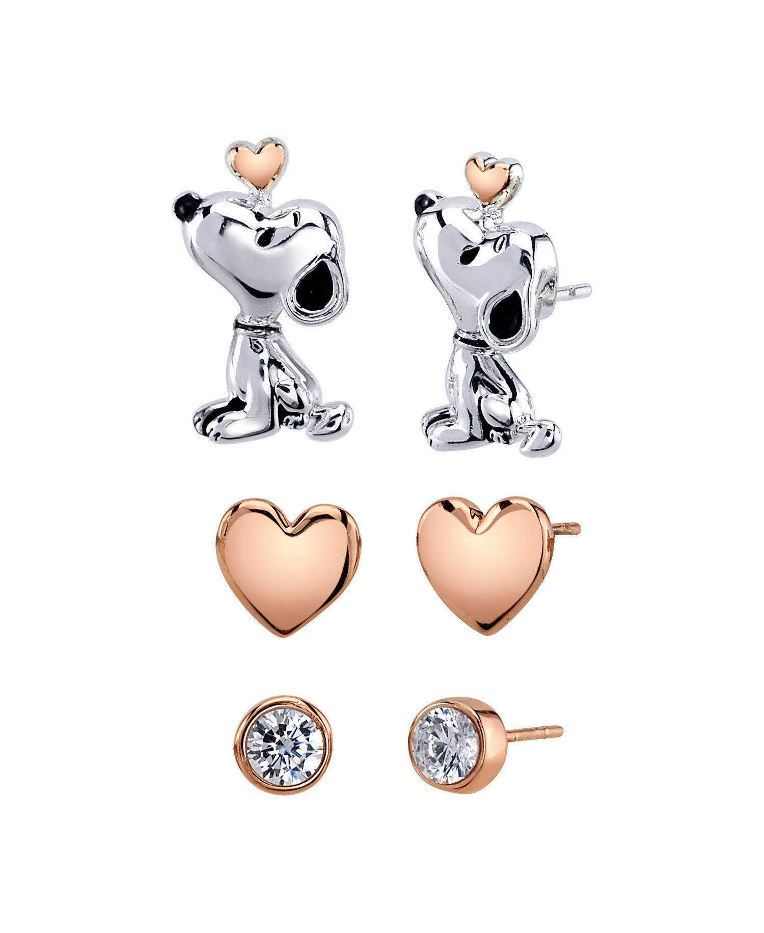 Unwritten Three Pair Silver Plated Snoopy Earring Set with Rose Gold Heart and CZ Bezel Stud