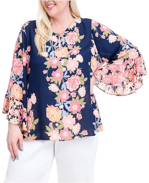 Fever Plus Size Floral Print Flutter Sleeve Top Reviews Tops