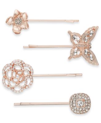 INC International Concepts - 4-Pc. Rose Gold-Tone Crystal & Imitation Pearl Flower & Butterfly Bobby Pin Set