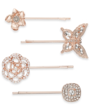 image of Inc 4-Pc. Rose Gold-Tone Crystal & Imitation Pearl Flower & Butterfly Bobby Pin Set, Created for Macy-s