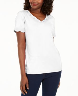 Karen Scott - Cotton Scalloped V-Neck T-Shirt