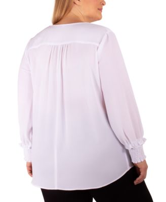Plus Size Long Sleeve Overlapping Crepe Top with Necklace