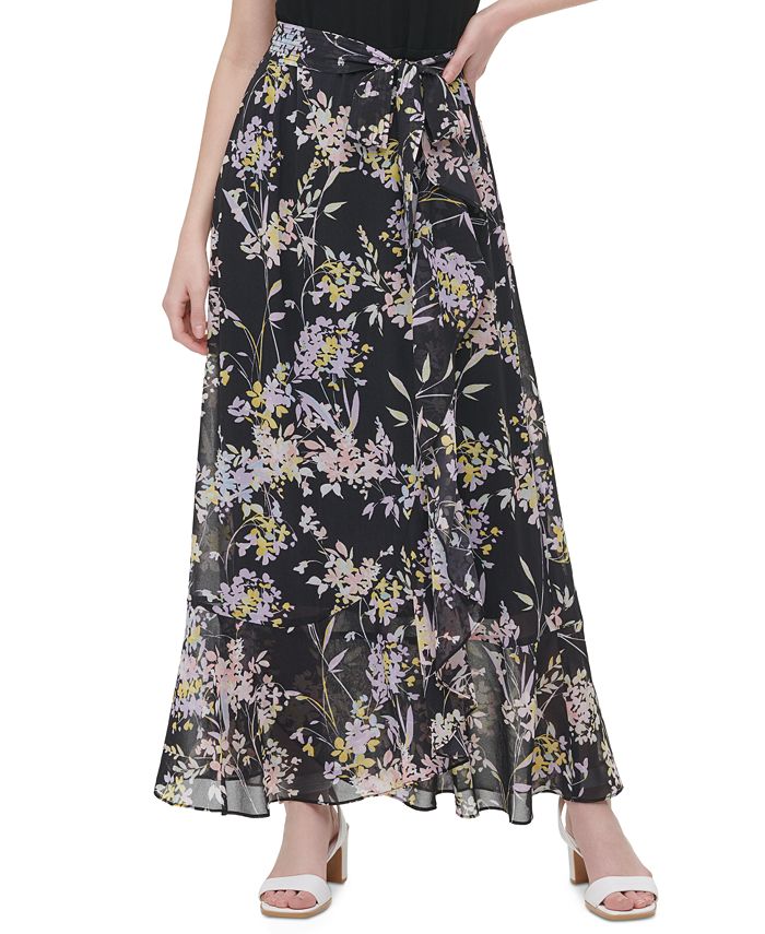 Calvin Klein Floral-Print Tie-Front Maxi Skirt - Macy's