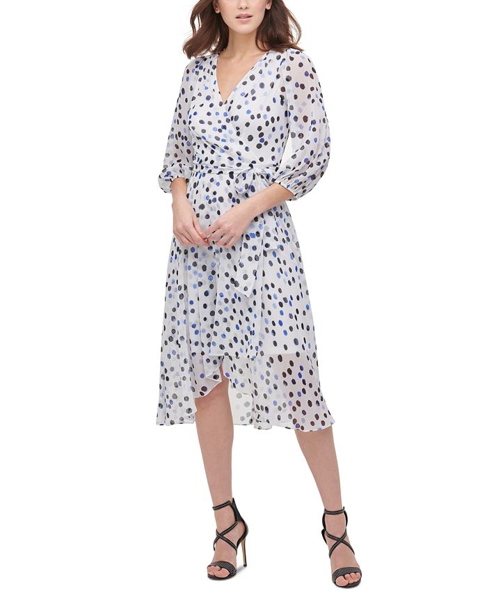 DKNY Printed Chiffon Balloon-Sleeve Wrap Midi Dress