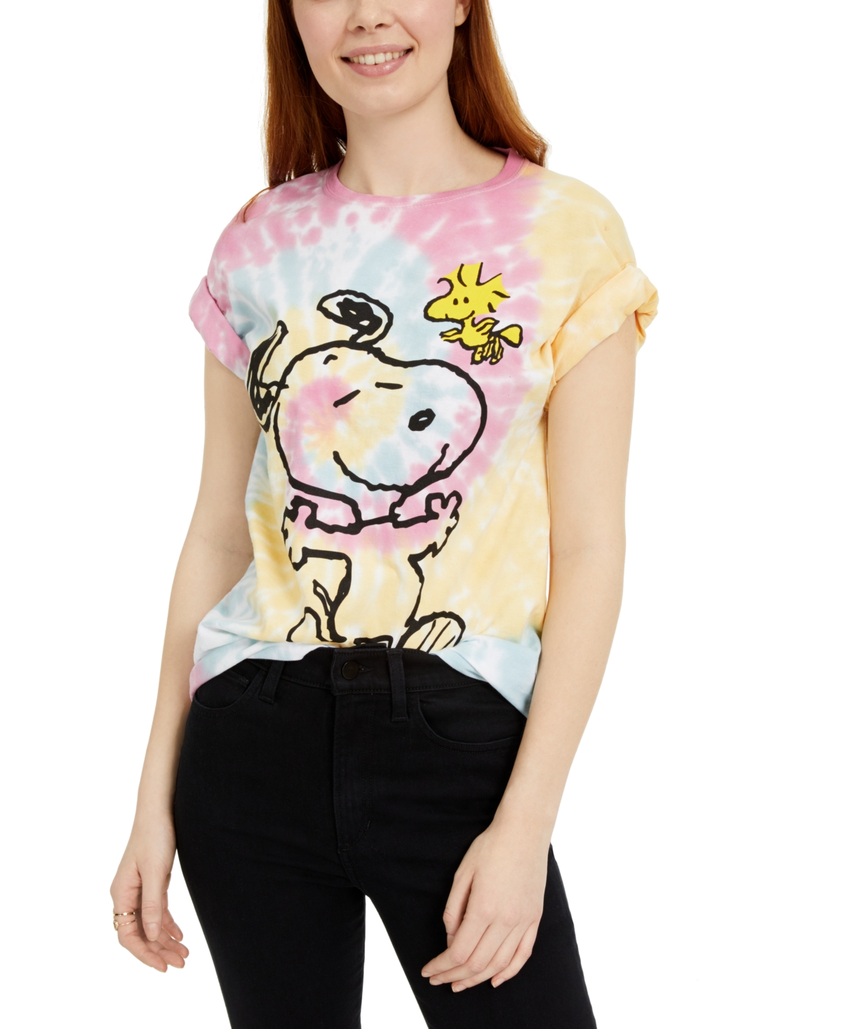 Juniors' Snoopy Woodstock Printed Graphic T-Shirt - Multi Tie Dye