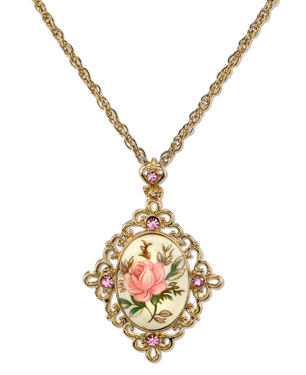 2028 Gold Tone Ivory Color Floral Decal Crystal Accent Pendant 16" Adjustable Necklace In Multi