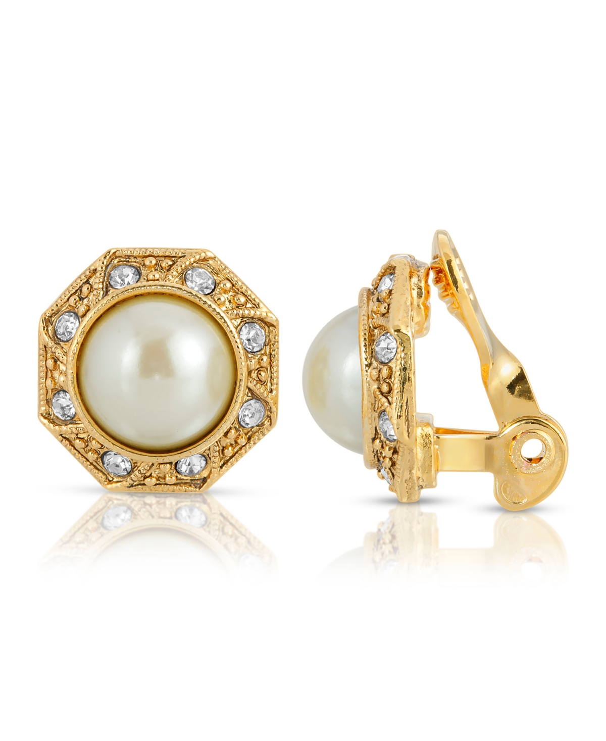 2028 Gold Tone Imitation Pearl Crystal Round Button Clip Earring In White