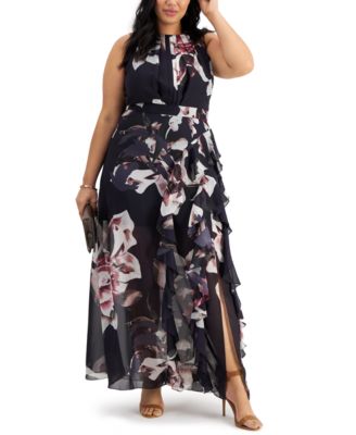 betsy & adam printed chiffon gown