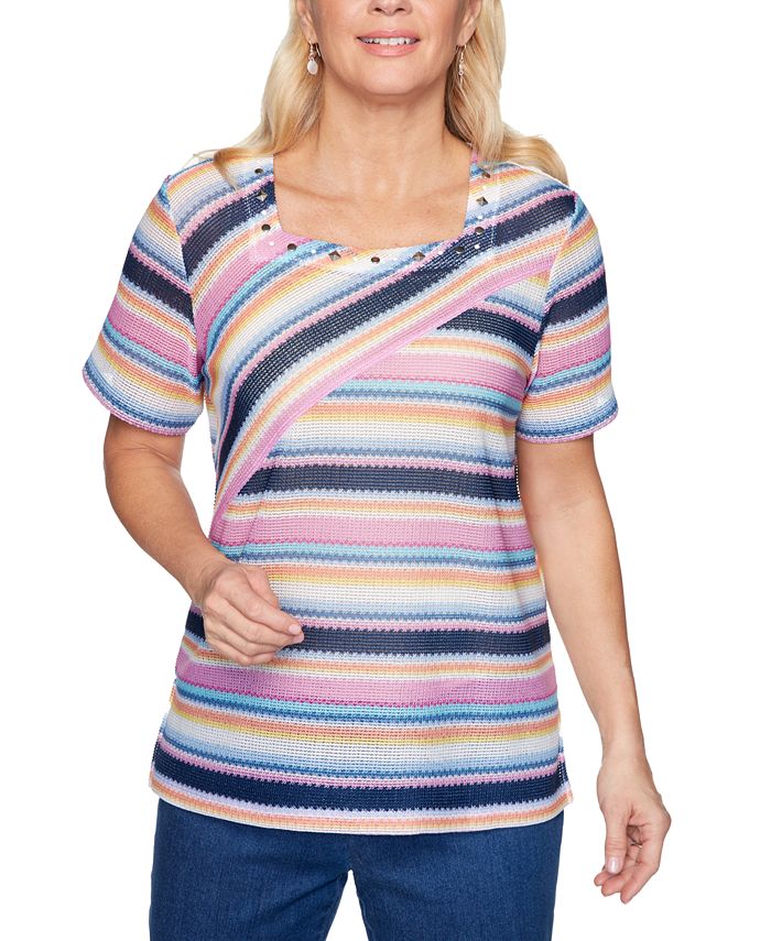 Alfred Dunner Petite Petal Pushers Striped Knit Top - Macy's